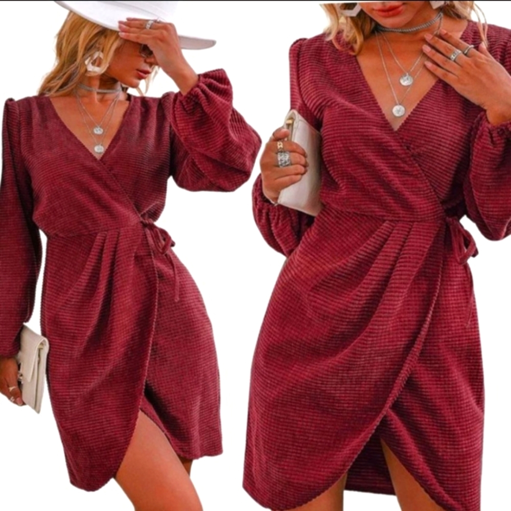 Simplee Apparel Textured  Tie Waist Short Cocktail Wrap Dress Sz Medium